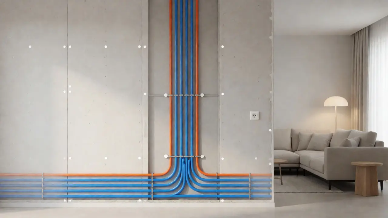 Transparente Darstellung der vertikalen Leitungsführung in einer Wand