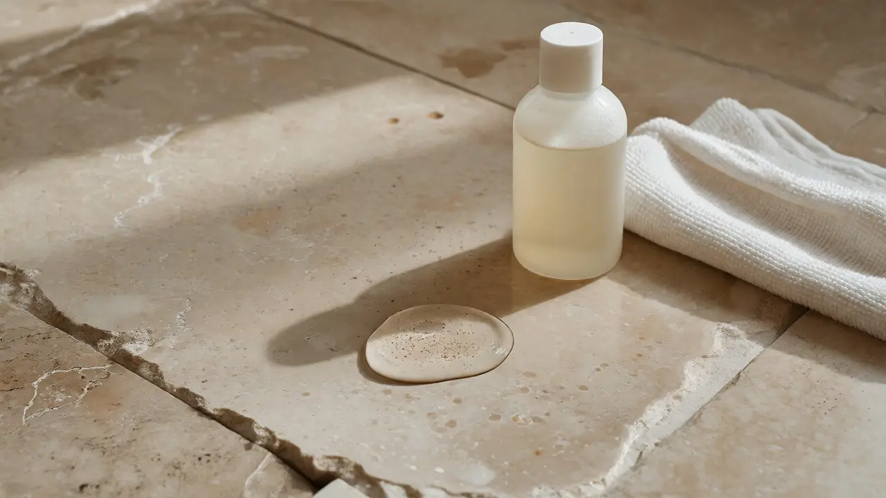 Wassertropfen auf imprägniertem Kalksteinboden neben Pflegemitteln