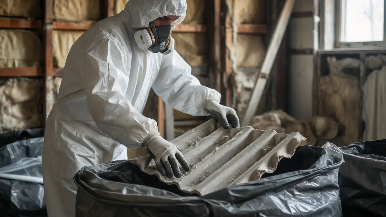 Arbeiter in Schutzkleidung entsorgt asbesthaltige Platten sicher in Säcke.