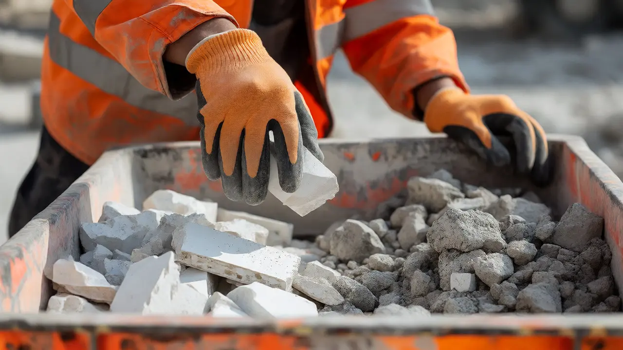 Arbeiter trennen sorgfältig Gipsabfall von Beton im Entsorgungscontainer