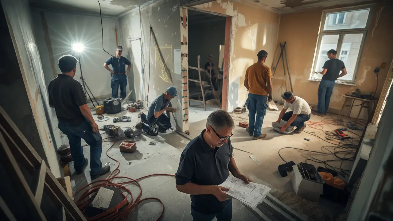 Chaotische Baustelle mit mehreren Handwerkern und gestresstem Eigentümer
