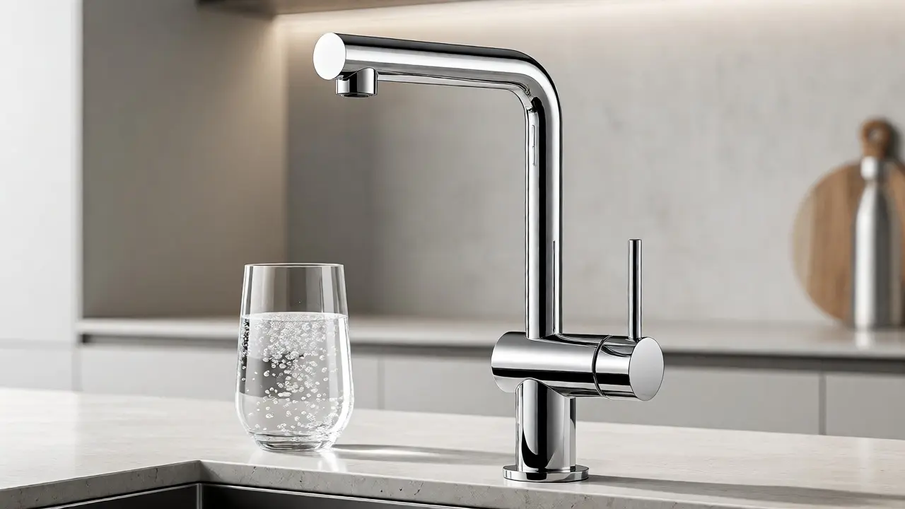 Chromarmatur mit integriertem Filter und Glas Sprudelwasser auf Arbeitsplatte