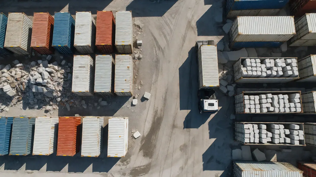 Draufsicht auf sortierte Container mit getrenntem Bauschutt und Abfällen.