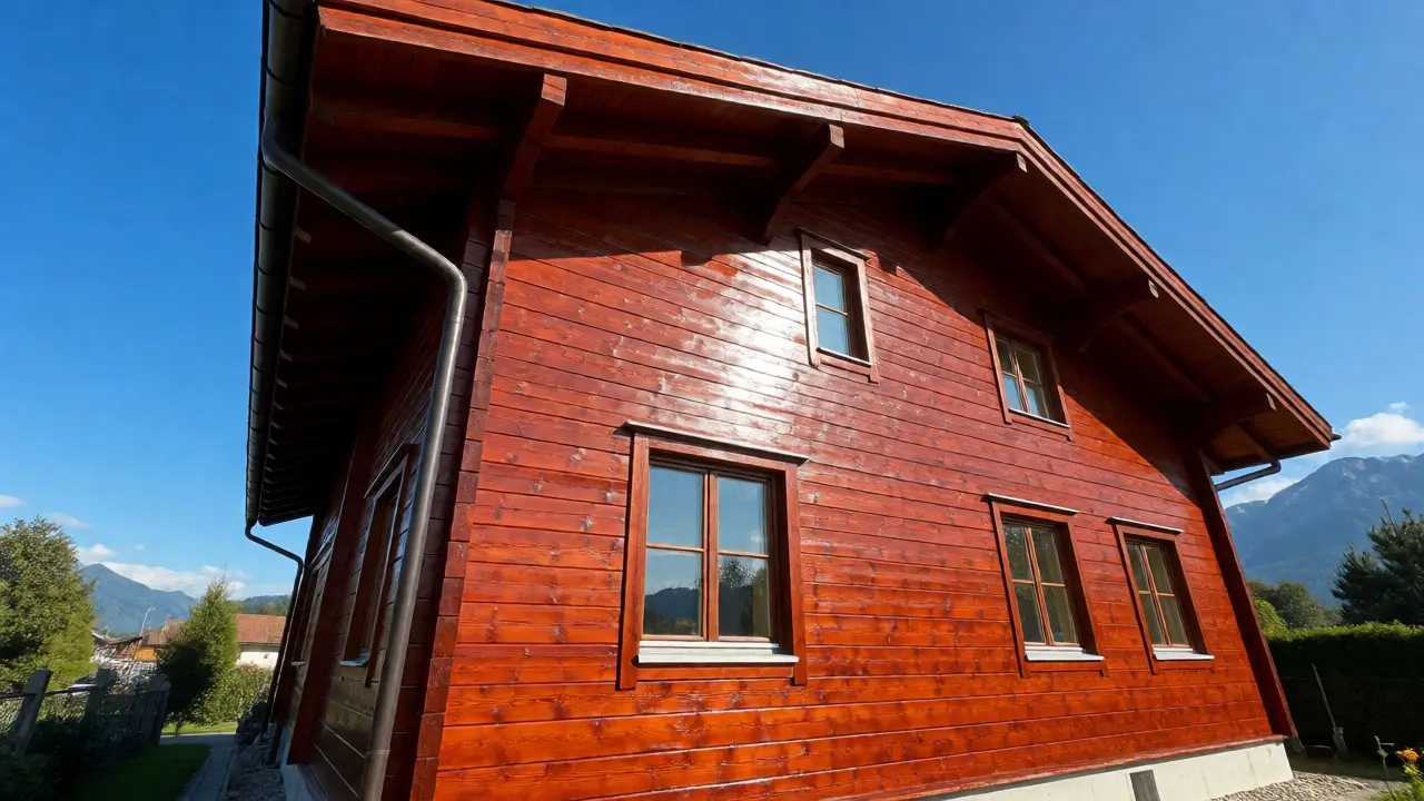 Frisch gestrichene, geschützte Holzfassade unter blauem Himmel