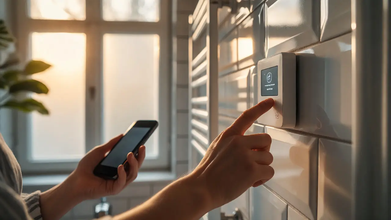 Hand bedient Smart-Home-Steuerung im behaglichen Altbau-Badezimmer