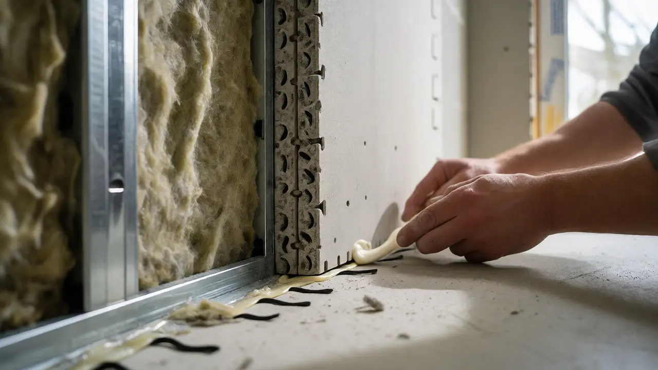 Handwerker dichtet den Anschluss einer Schallschutz-Wand ab.