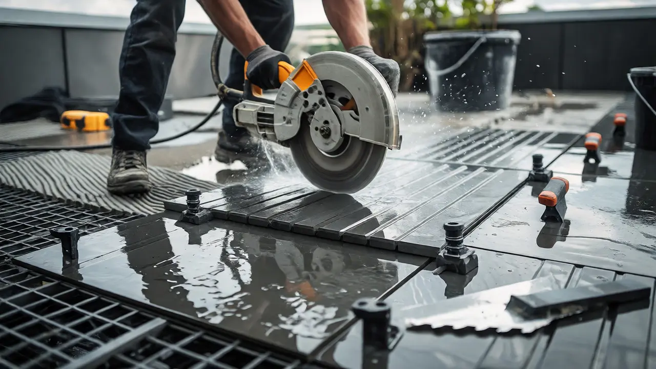 Handwerker schneidet strukturierte Terrassenplatten aus Feinsteinzeug
