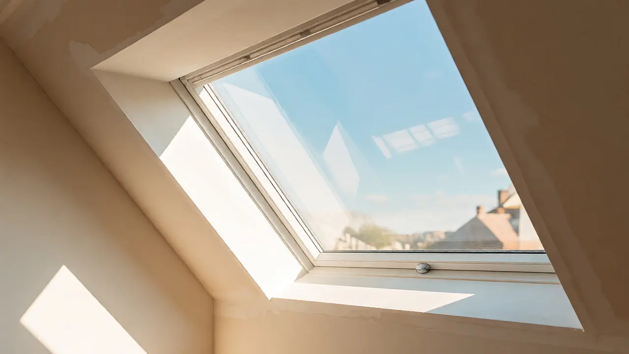 Heller Wohnraum im Dachgeschoss mit großem Panorama-Dachfenster
