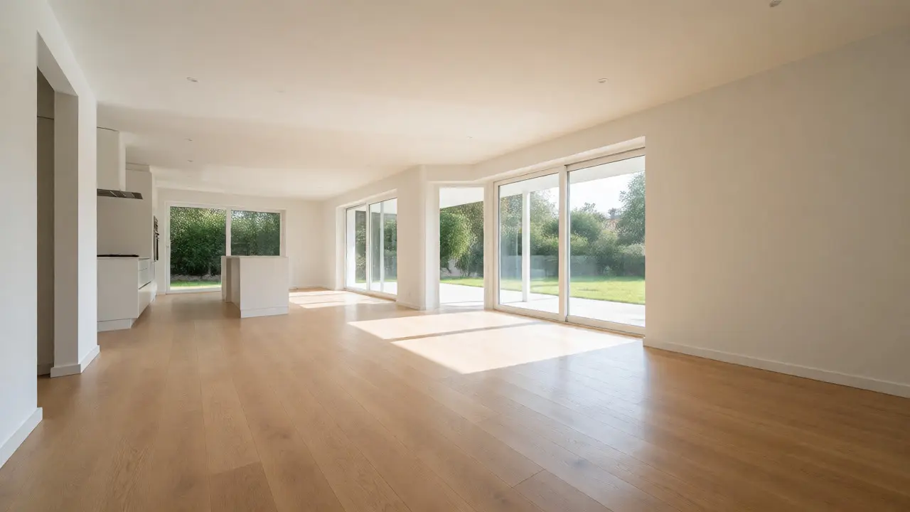 Helles, offenes Wohnkonzept nach dem Entfernen von Wänden mit Blick in den Garten.