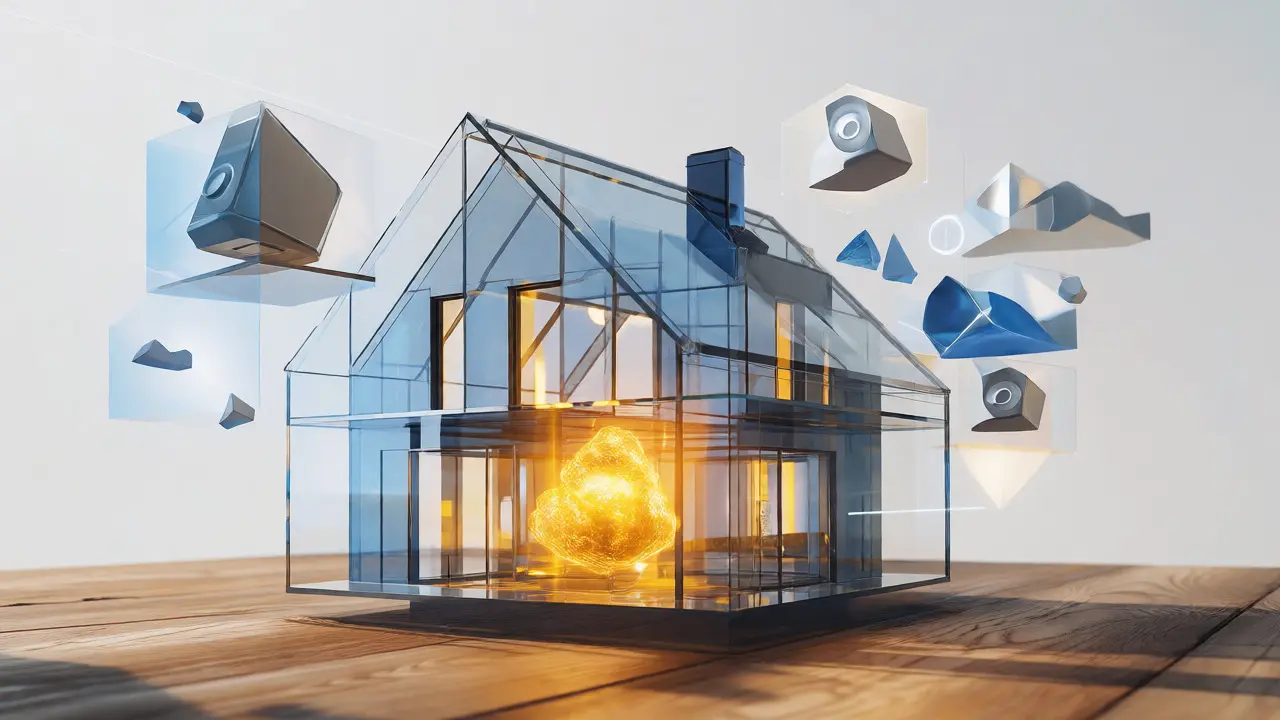 Konzeptuelle Darstellung eines Hauses als Glasmodell mit goldenem Licht für Nutzungsrechte.