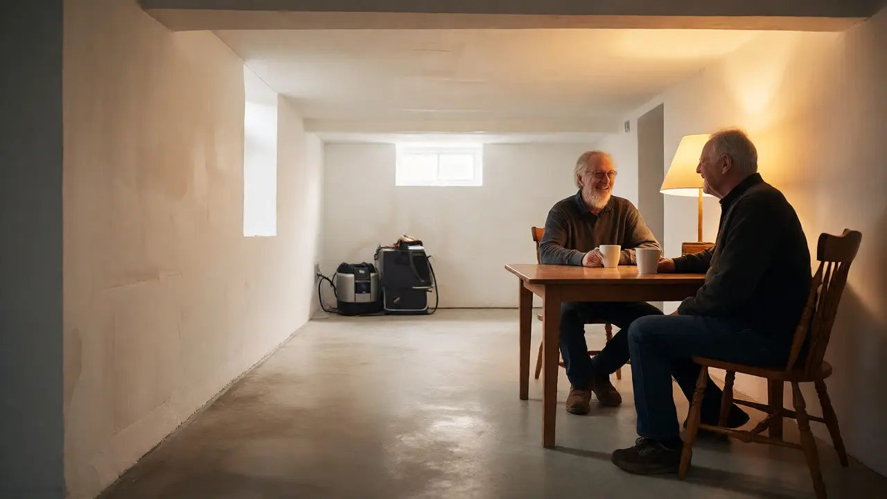 Nachbarn feiern den trockenen, renovierten Keller bei Kaffee und guter Laune