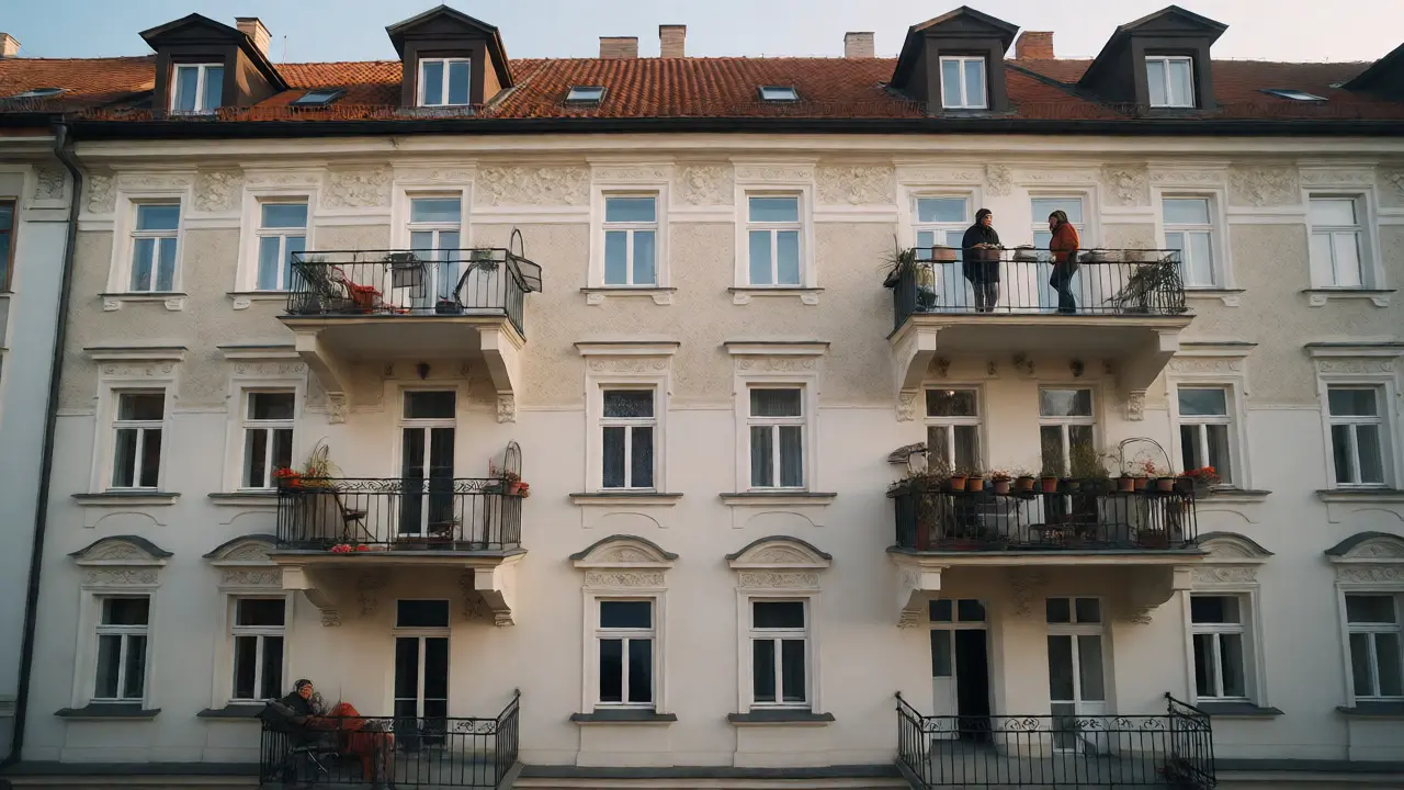 Nachbarn unterhalten sich auf Balkonen eines österreichischen Mehrfamilienhauses