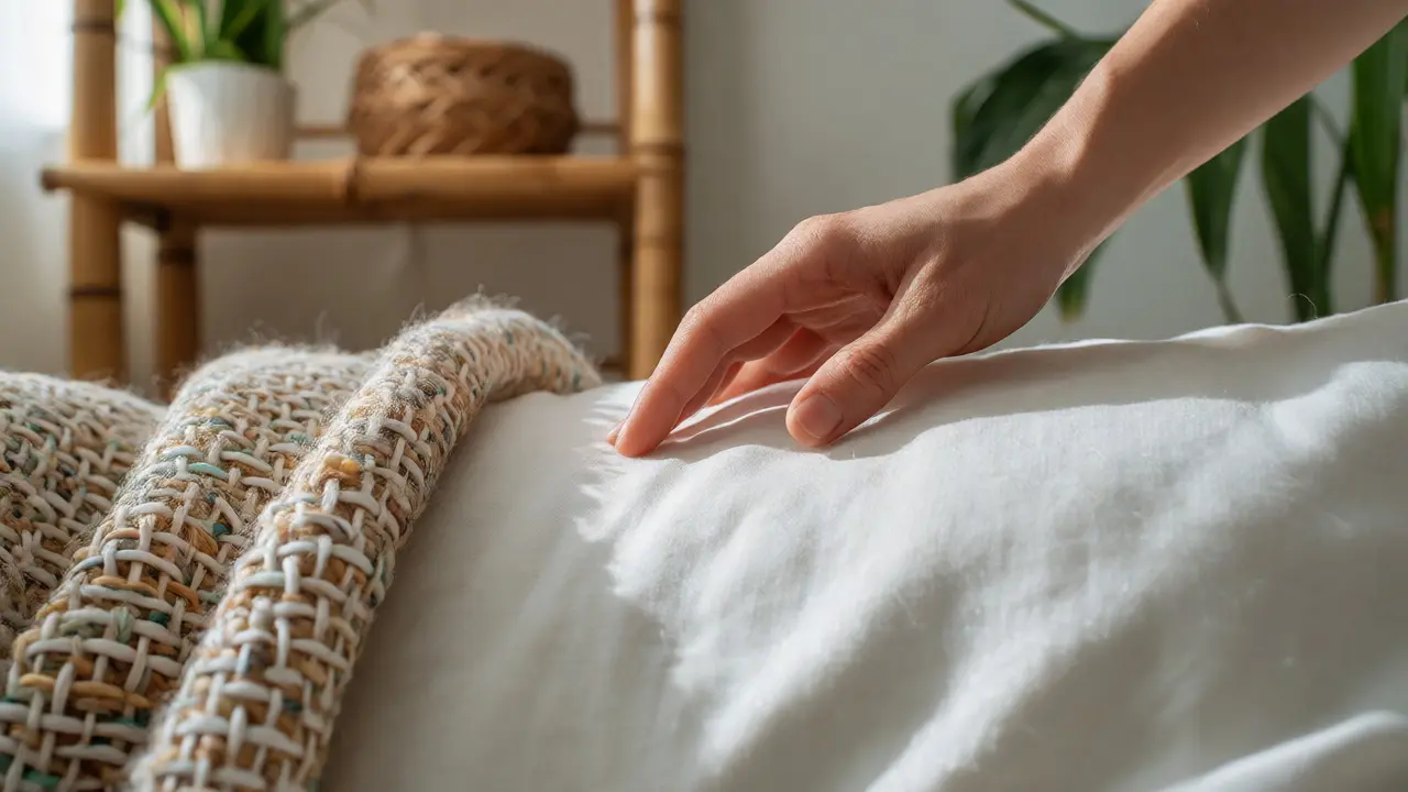 Nahaufnahme von Bio-Baumwoll-Kissen und recycelten Textilien neben Bambusregal