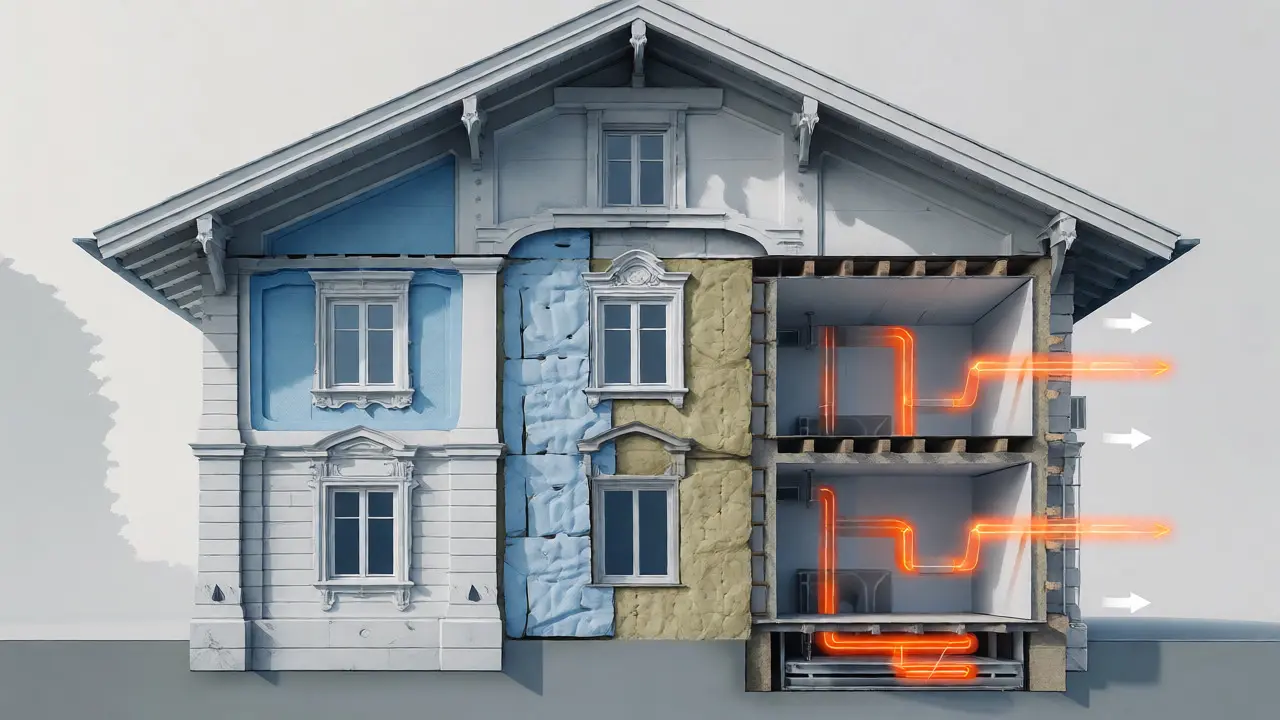 Querschnitt einer Hausfassade mit Dämmung und Heizung im Sanierungsprozess