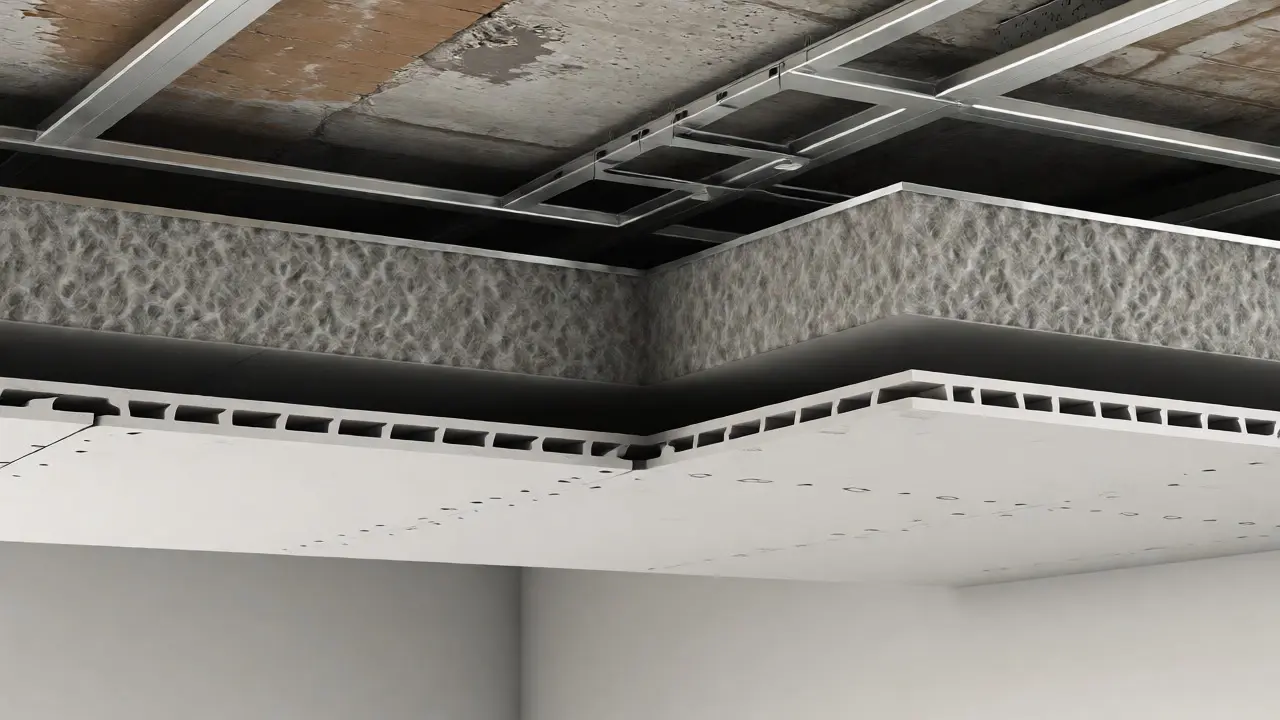 Querschnitt einer schallentkoppelten Zwischendecke mit Dämmung.