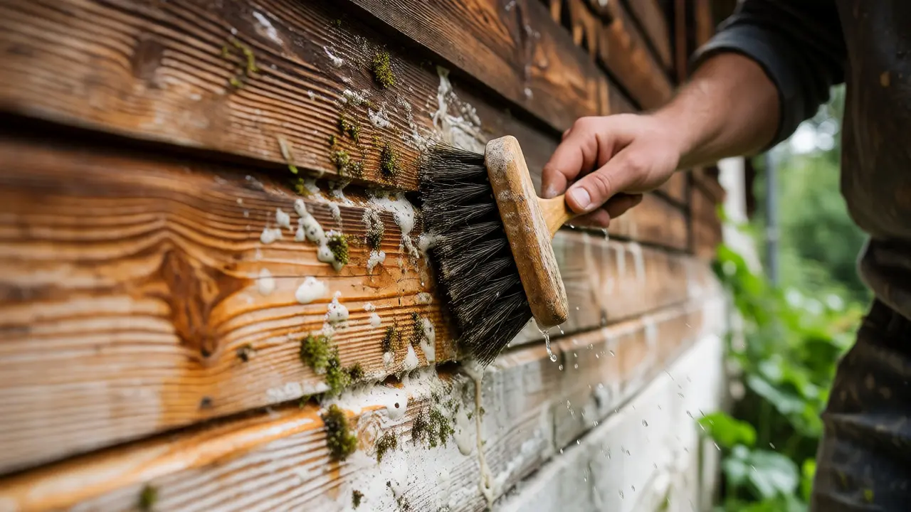 Reinigung einer Holzfassade mit Wurzelbürste zur Vorbereitung