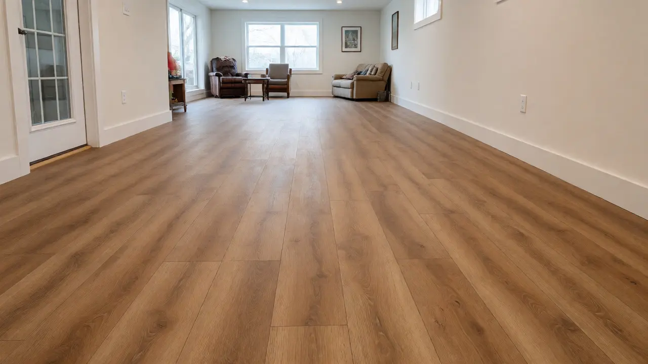 Renovierter Keller mit Vinylboden als gemütlicher Wohnraum