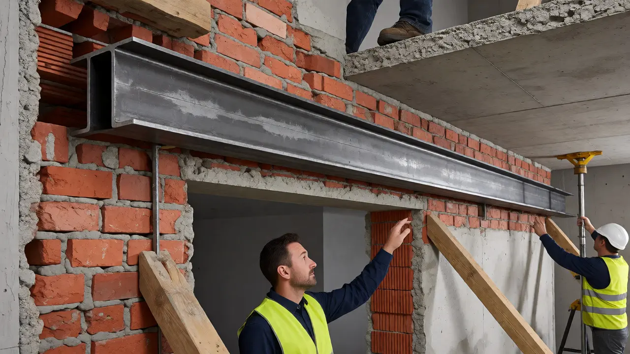 Statiker und Bauarbeiter installieren Stahlträger zur Sicherung einer tragenden Wand.