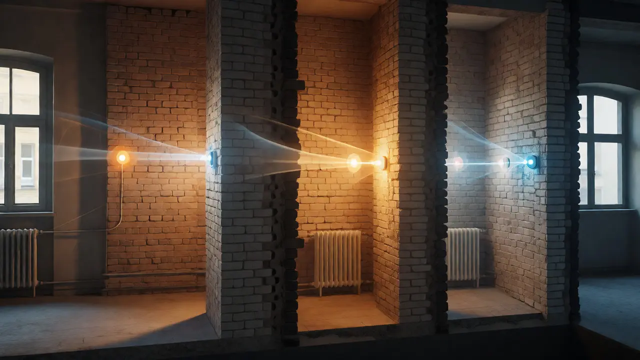 Visualisierung des Mesh-Netzwerks durch dicke Ziegelwände im Altbau