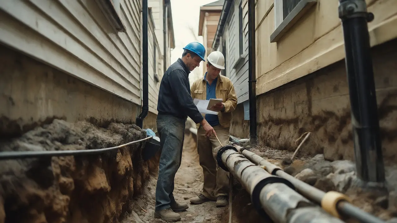 Zwei Nachbarn inspizieren gemeinsam die Drainage im Graben zwischen ihren Häusern